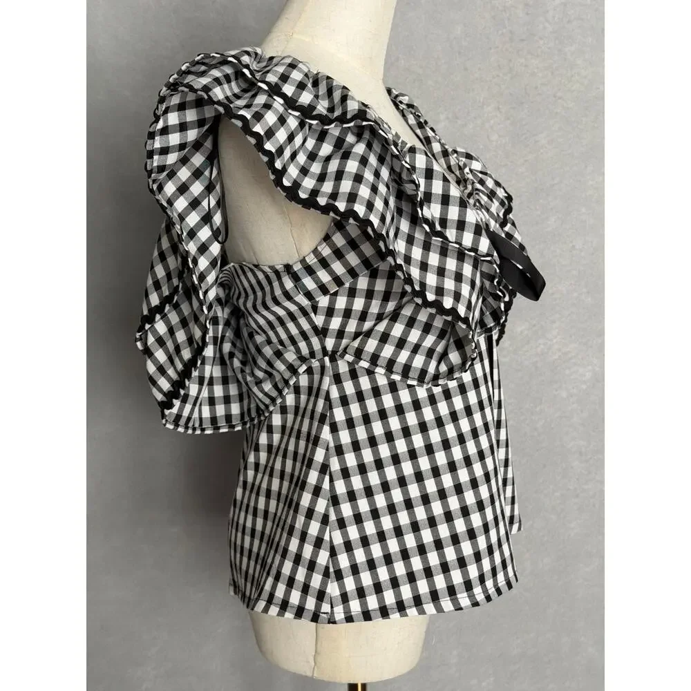 Sugarlips Gingham Top Exaggerated Collar with Bow Women's Medium NEW
